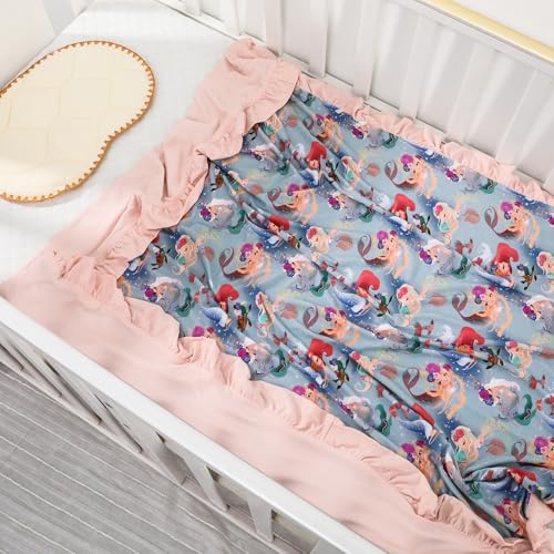 Image of Rayon Made from Bamboo Baby Blanket for Girls, Mermaid Print, Ruffle Trim, Soft and Comfy, Size 40x33