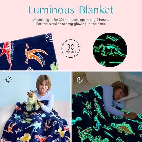 Joiedomi Glow in The Dark Blanket Dinosaur Toys for Kids 3-5 Dinosaur Gifts Toys for Age 2 3 4 5 6 7 8 9 10 11 12 Year Old, Soft Cozy Flannel Kids Throw Blanket, Birthday 50"×60"