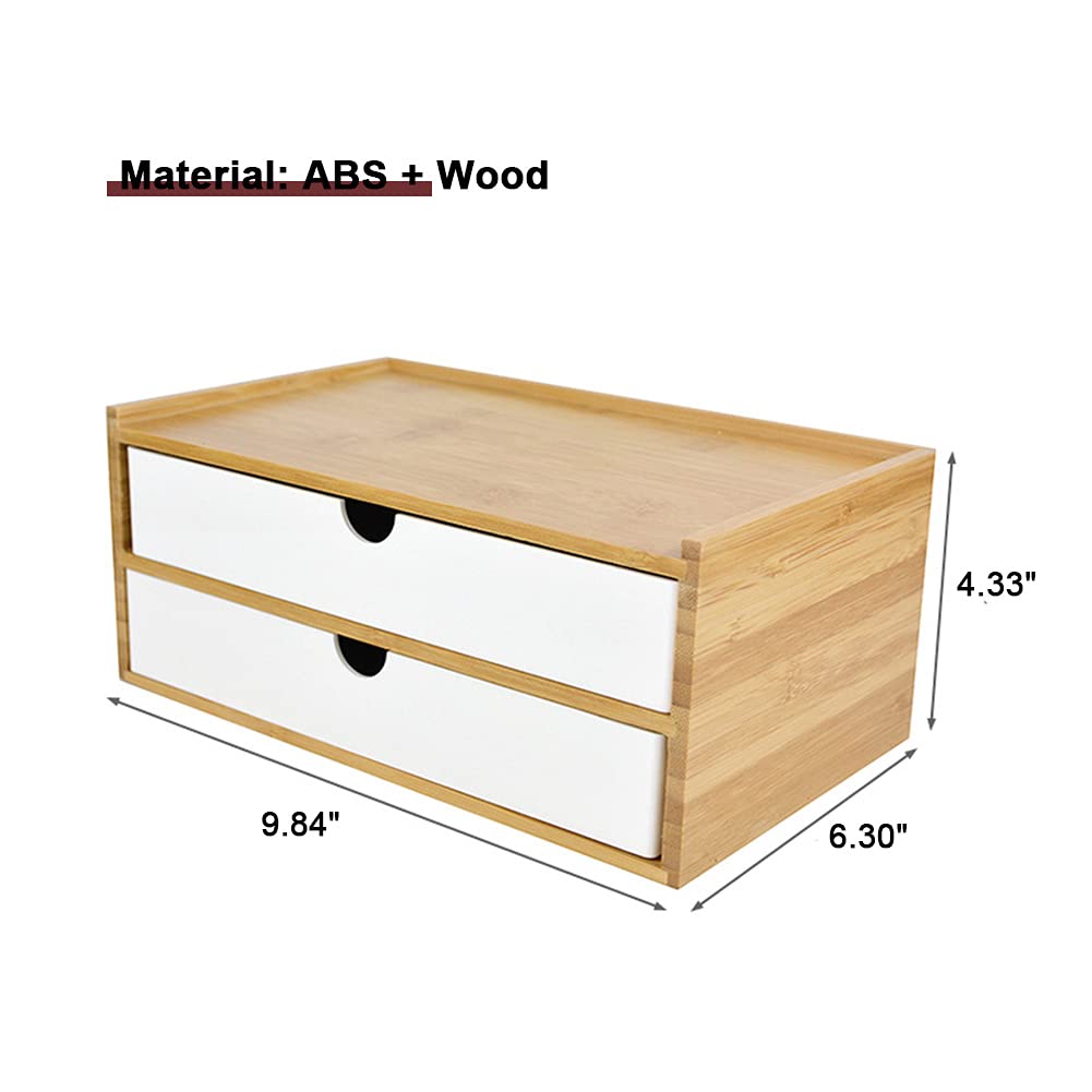 Wayuto Schreibtisch-Organizer aus Bambus, 2-stöckig, einfache Holztisch-Aufbewahrungsbox, mehrere Fächer, Schubladeneinheiten für Zuhause, Badezimmer, Büro, Weiß, 2 Schubladen