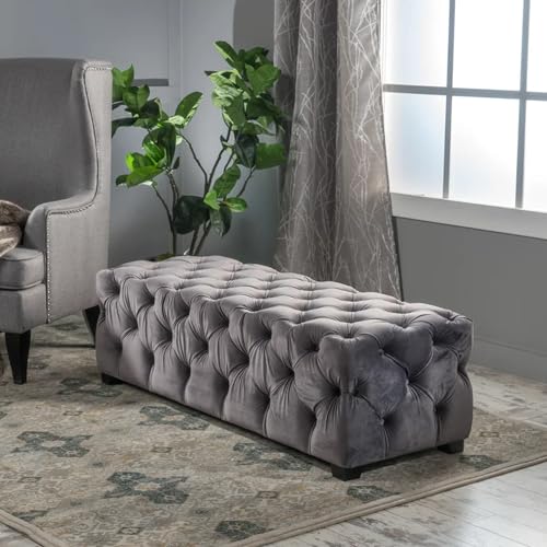 Waifahlo Grey Velvet Ottoman Bench for Bedroom, 50.75" Modern Tufted
