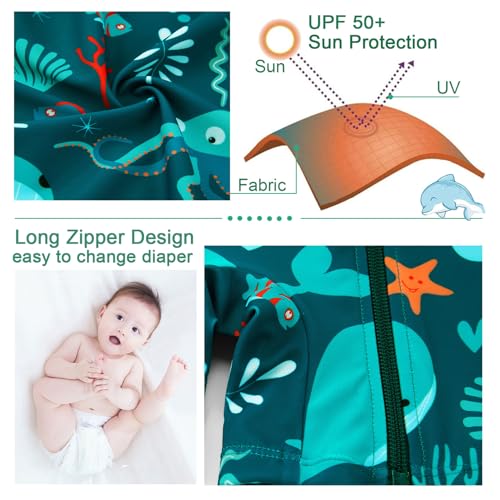 Baby Boy Swimsuit with Full Zip UPF 50+ Infant One-piece Sunsuit Toddler Long Sleeve Swimwear (green whale, 9-12 months)