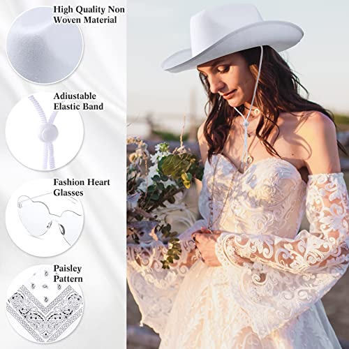 Image of Coume 6 Sets Cowboy Hat with Heart Sunglasses and Paisley Bandanas Western Cowgirl Hat for Cosplay Costume Adults(Pink,White)