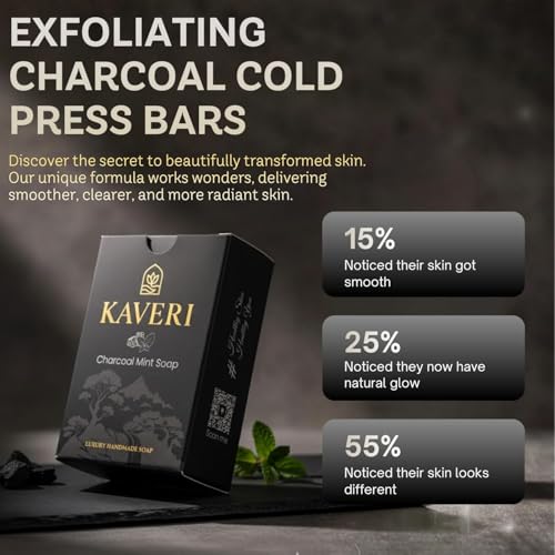 Image of KAVERI Activated Charcoal & Mint Handmade Soap Bar - Cold-Processed Deep-Cleansing Bath Bar for Oily & Combination Skin - Paraben & SLS-Free