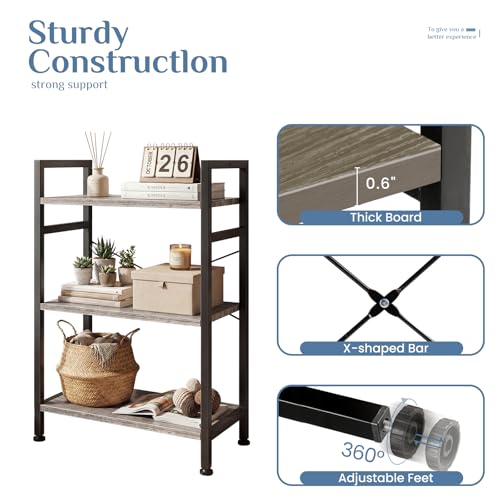 Image of DUMOS 3 Tiers Open Bookshelf, Classic Freestanding Tall Display Shelf, Multifunctional Storage Organizer Rack for Living Room Home Office, Sturdy Bookcase for CDs /Books /Movies, Wood Grey