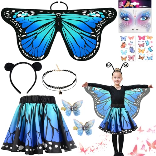 BITOYO 7pcs Deguisement Papillon Fille, Déguisement Carnaval Enfant, Ailes Papillon avec Jupe, Ailes de Cape de Papillon, pour Cosplay Halloween Anniversaire Fête Carnaval