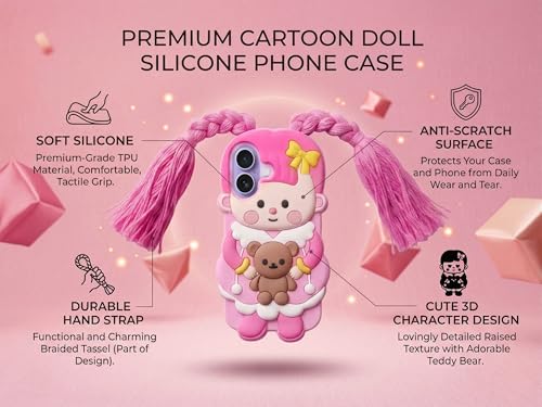 Image of amazon basics Cute 3D Pink Doll Silicone Mobile Case for iPhone 17 - Aesthetic Cartoon Girl with Braided Tassels & Teddy Bear, Soft Shockproof Protective Back Cover for Girls & Kids