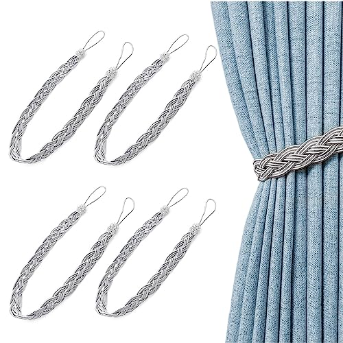 JZK 2 Pairs Silver grey tiebacks for curtains, braided curtain tiebacks tie backs, simple type curtain ties, curtain tied rope, curtain holdback rope