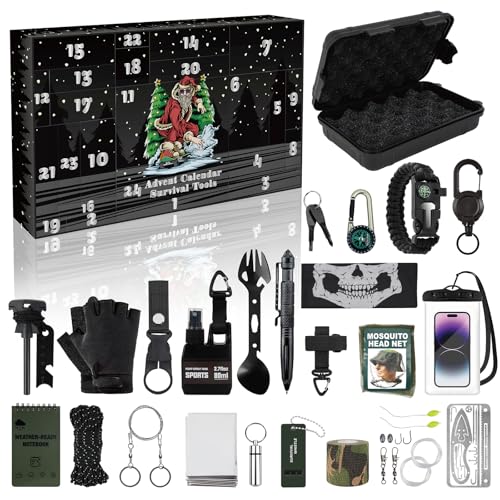 SANHSEHOME Survival Kit Adventskalender 2025 für Männer 24 Tage Weihnachts-Countdown mit Outdoor-Überlebenswerkzeugen Camping Wandern Angelausrüstung Geschenk für Erwachsene Teenager Schwarz
