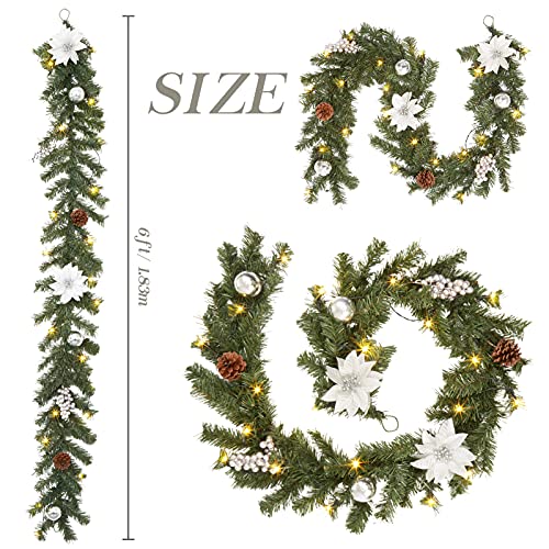 Artificial Lighted Christmas Garland, 6 FT Battery Operated Xmas Garland with Lights, White Flower and Sliver Berry Decorations Garland for Fireplace Banister Fence Decor