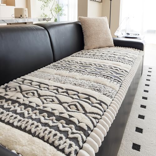 DREAMINGO Boho Plush Sofa Cover with Geometric Jacquard, Soft Fuzzy Pet Couch Protector for 2 Cushion Sofa, Non Slip Washable Dog Bed Mat 27.6x70.9 Inch, Grey