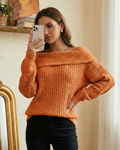 Image of Womens Off The Shoulder Sweater Fall Knitted Pullover Tops | Oversized Long Sleeve Loose Ribbed Knit Clothes, Sexy Elegant Going Out Tops, Cute Baggy Winter Outfits