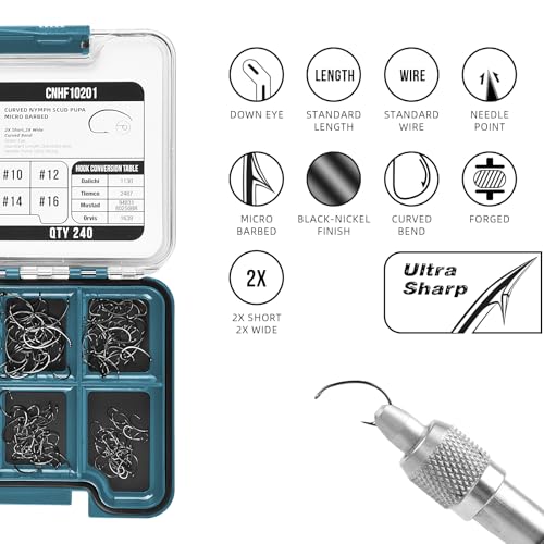 Image of SF 10# 12# 14# 16# Fly Tying Hooks Kit Assortment Micro Barbed High Carbon Steel Standard Dry Curved Nymph Scud Pupa Fly Fishing Hook 240Pcs with Waterproof Magnetic Hook Box