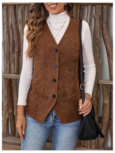 WDIRARA Women's Button Down Corduroy Vest V Neck Sleeveless Tank Tops Vintage Outerwear4