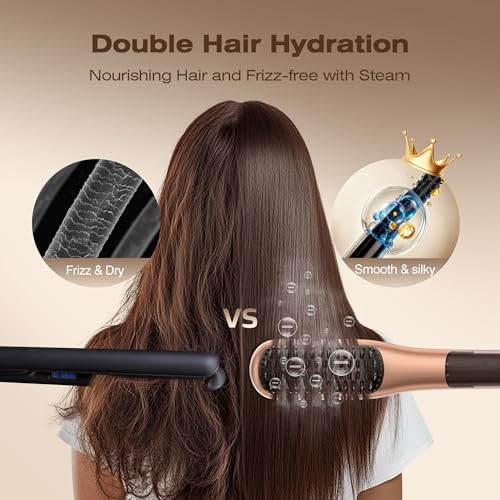 Image of Steam Hair Straightener Brush, Steamline Pro 3 in 1 Straightening Brush, Curly & Frizzy Hair,Smooth Without Flattening, 5 Temp Settings & LED Display, Dual Voltage, Professional Tools, Orange