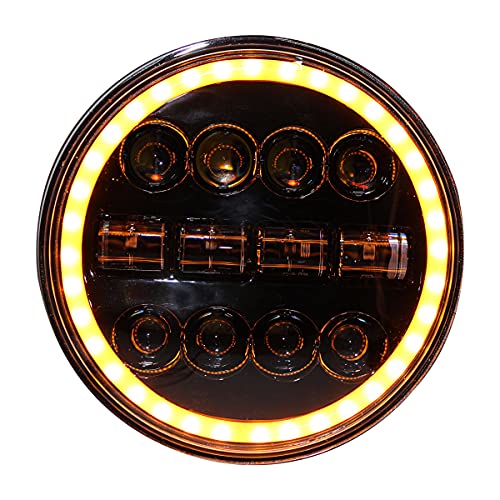 Image of Miwings 7 inch Round LED 4DR8CB Hi /Low Beam Amber & White Headlight 75W H4 Compatible with Royal Enfield, Jeep, Thar, motorcycle, Cars, Harley Davidson