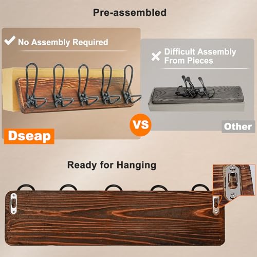 2-Pack Dseap Rustic Farmhouse Wall-Mounted Real Wood Coat Rack w/ 5 Wire Hooks - image 4