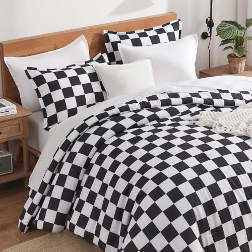 Image of Andency Checkered Comforter Full(79x90Inch), Black White Plaid Gingham Buffalo Grid Bed Set for Boys Kids Teens, 3 Pieces Lightweight Polyester Geometric Preppy Bedding