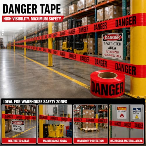 Image of ATERET Premium Red Danger Tape 3-Pack 3 inch x 1000 feet, Hazard Safety Tape, Construction Tape for Danger /Hazardous Area, Ideal Use for Halloween Decorations, Holiday, Party, Yard, Garden, Work-Site