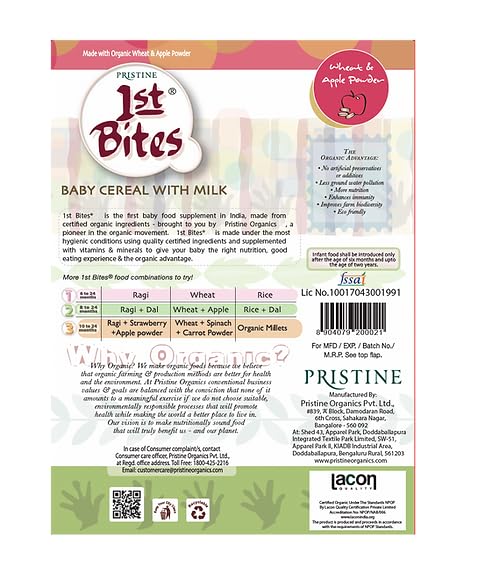 Image of Pristine 1st BITES Baby Cereal 300g | Baby Food (8-24 Months) Stage-2, Organic Wheat & Apple Powder | Infant Food
