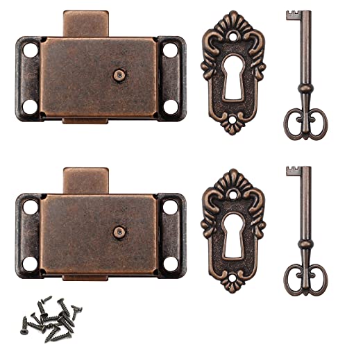 quiodok 2 Pcs Antique Cabinet Door Lock Sets, Antique Cabinet Lock with Key, Vintage Cabinet Door Lock for Wardrobes, Cabinets, Drawers, Boxes