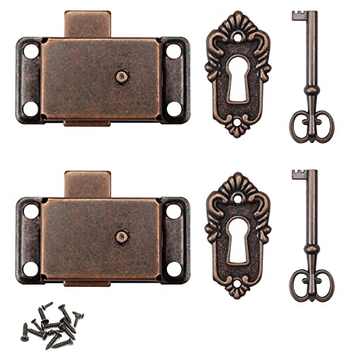Quiodok 2 Pcs Antique Cabinet Door Lock Sets, Vintage Lock with Key for Wardrobes Drawers, Boxes, Bronze,red