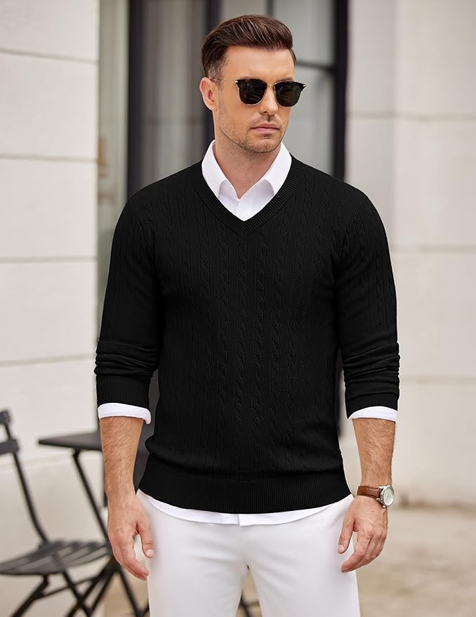 KIKWIT Men‘s V Neck Jumpers Knitted Sweaters, Slim Fit Pullover Long Sleeve Fall Winter Sweatshirts (in, Alpha, S, Regular, Black) 1