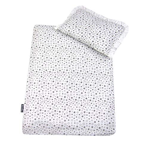 Rawstyle 4 TLG. Set Bezug (Weiß + Sterne Grau) für Kinderwagen 70x50 cm Garnitur Bettwäsche Decke + Kissen + Füllung (Design 2)