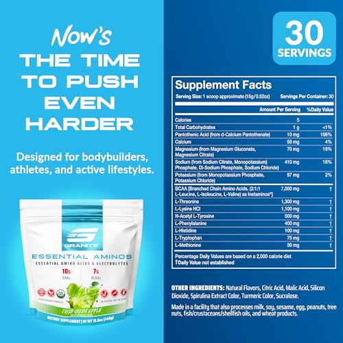 Image of Granite Essential Amino Acids Powder, Green Apple Flavor, with 10g EAAs and 7g BCAAs, Supports Muscle Recovery & Growth, Soy-Free, Gluten-Free (30 Servings)