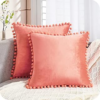 Topfinel Pack of 2 Velvet Cover Pompom Cushion Cover Large Square Decoration Plain Design Throw Pillowcases Cover 20x20 Inch for Sofa Bed Livingroom with Invisible Zipper 50cmx50cm Cream