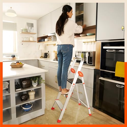 Image of Bathla Advance Carbon - 3 Step Foldable Aluminium Ladder with Scratch Resistant Smart Platform and Sure-Hinge Technology (Orange)