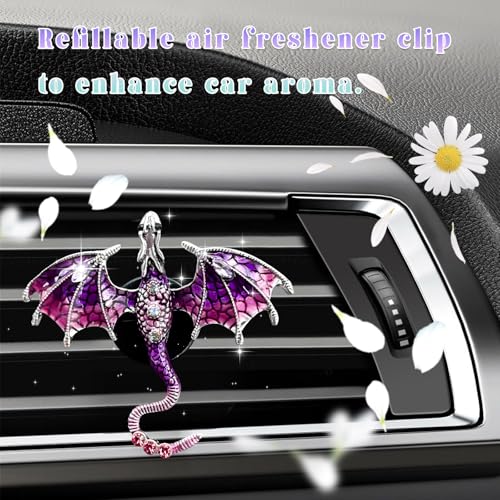 Image of 2PCS Bling Wyvern Car Air Freshener Vent Clips, Alloy Enamel Dragon Auto Outlet Clips with Fragrance Tablets, Refillable Cute Flying Dragon Crystal Vent Clip Aroma Diffuser (Purple)