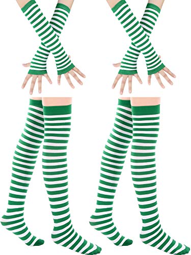 St Patrick's Day Knee High Socks Green Striped Fingerless Gloves Irish Arm Warmers