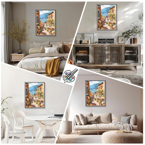 Image of HASTHIP DIY Paint By Numbers Kit For Adults, Pre-Framed European Town Scenery Canvas With Acrylic Paints & Brushes, Beginner-Friendly Art Kit For Wall Decor & Gift, 16X20 Inch(No Frame), Multicolor