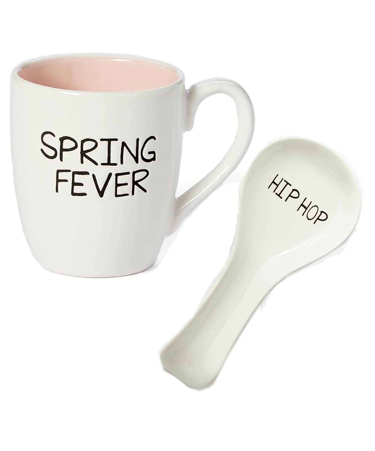 Spring Fever Coffee Mug Set! Includes Mug And Spoon Rest! Made With Dolomite Material! Festive Spoon Holder and Coffee Cup In Handwritten Design! Choose Your Color! (Spring Fever)