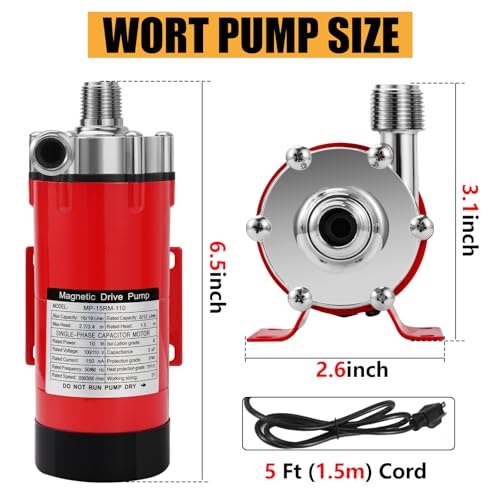 Image of Magnetic Beer Pump Wort Pump for Brewing, 304 Food Grade Stainless Steel Head Brew Pump Magnetic Drive Pump with Inline Switch & 1 /2 inch NPT Thread (Red)