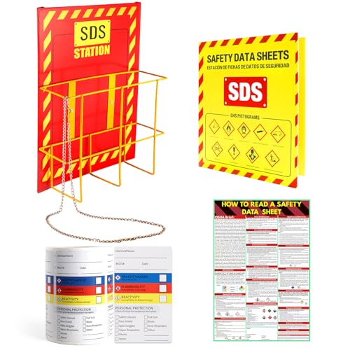 MSDS SDS Binder and Wall Station,Yellow Heavy Duty 3 Inch Material Safety Data Sheet 3 Ring Binder with SDS Wire Rack and Display Sign, Chain,Mounting Hardware,Safety Posters,MSDS Labels