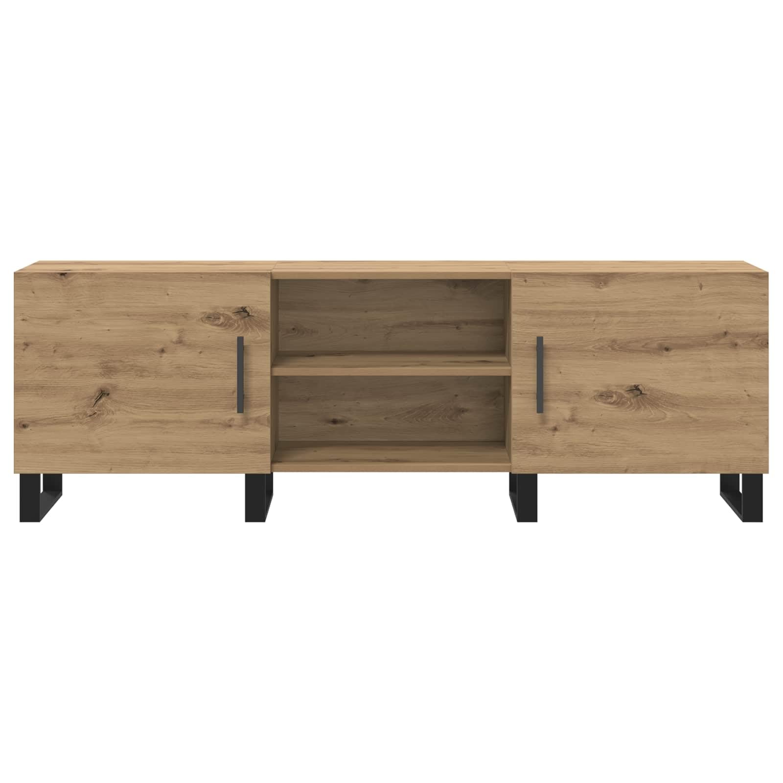 59-Inch Engineered Wood TV Stand with 2 Doors, Oak | Measures 150 x 30 x 50 cm with an open center shelf, providing storage for media players in living rooms.