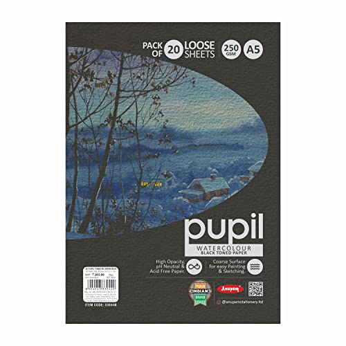 Image of Anupam Pupil Black Toned Paper - Acid Free - Cold Press Paper - 20 Loose Sheet - 225 GSM - A5