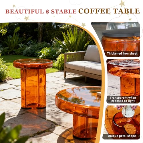 Image of Modern Glass Coffee Table, Minimalist Round Coffee Table, Small Low Coffee Table for Living Room(w14.96*H18.5in,Amber)