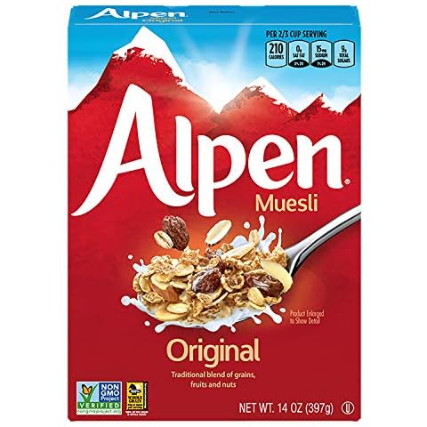 Alpen Original Muesli, Swiss Style Muesli Cereal, Whole Grain, Non-GMO Project Verified, Heart Healthy, Kosher, Vegan, 14 Oz Box Cover