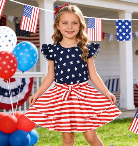 Image of Girls Skirt Set 2 Piece Outfit Toddler Summer Clothes Ruffle Sleeve T-Shirt Bow Knot Tutu Skirt Outfit Set
