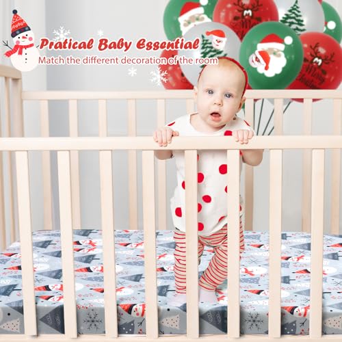 Image of JISEN Christmas Crib Sheet Snowman Fitted Crib Sheet for Boys Girls Crib Mattress Cover Baby Sheet for Standard Crib and Toddler Mattress Soft Breathable Baby Bed Sheet for Neutral 52x28 Inch Grey
