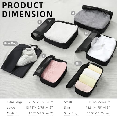 Image of BAGAIL 4 Set /6 Set /8 Set Compression Packing Cubes Travel Accessories Expandable Packing Organizers (Square Mesh, 05-Jet Black)