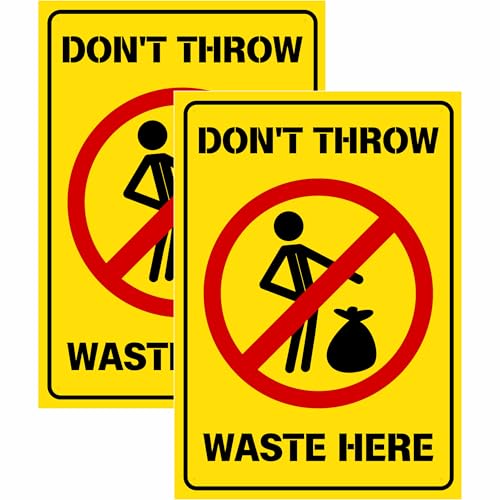 Image of Don't Throw Waste Here Sign Sticker Board | 20.5 x 14.5 CM | Peel & Stick or Screw Fixing | Pack of 2 Waste Warning Sign for Home, Office, Shop & Public Areas (Don't throw waste here, Medium -20.5 x 14.5 CM)