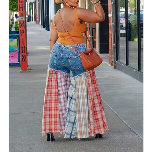 Women's High Waist Patchwork Flare Jeans Plaid Bell Bottom Ruffle Hem Denim Long Pants Trousers3