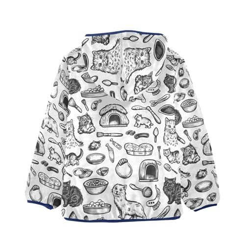 Black White Line Cat Girls Fleece Jacket Girls Fall Jacket Boys Coats Zip Up Hoodie Children Sherpa Warm Outerwear 2-10T2