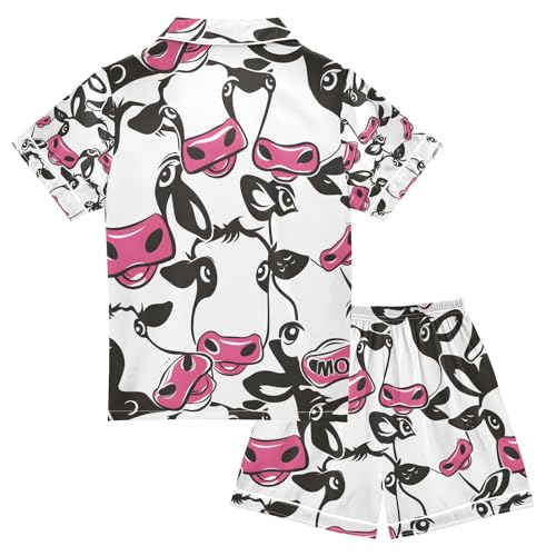 senya Cute Cow Face Satin Summer Pajama Sets Silk Short Sleeve Button Down Sleepwear2