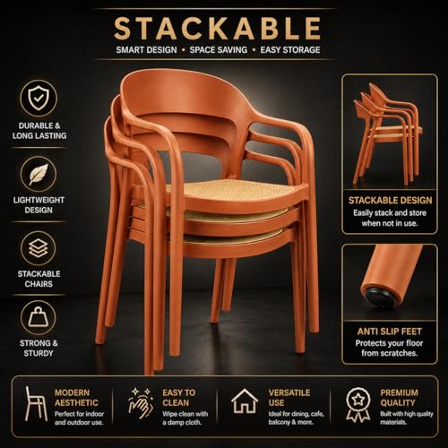 Image of Rattan Style Outdoor Chair | Set of 1 Brown Plastic Arm Chair for Garden, Balcony, Patio & Cafe | Lightweight Weather Resistant Seating | 3 Year Manufacturing Warranty