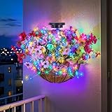Solar Hanging Basket with Artificial Flowers: Outdoor Fake Flower Baskets with Solar String Lights for Fall Decor - 10 inch Plant Basket with Silk Faux Petunias for Porch Railing Fence Wall Door