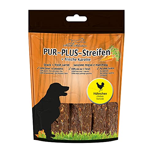 Schecker Hundesnack - PUR Plus Streifen Hühnchen + Karotte - glutenfrei - getreidefrei - rei von irgendwelchen Zusätzen 100g